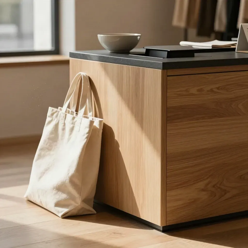 Pale oak cash wrap with charcoal top, totes and ceramic bowl in soft boutique light.
