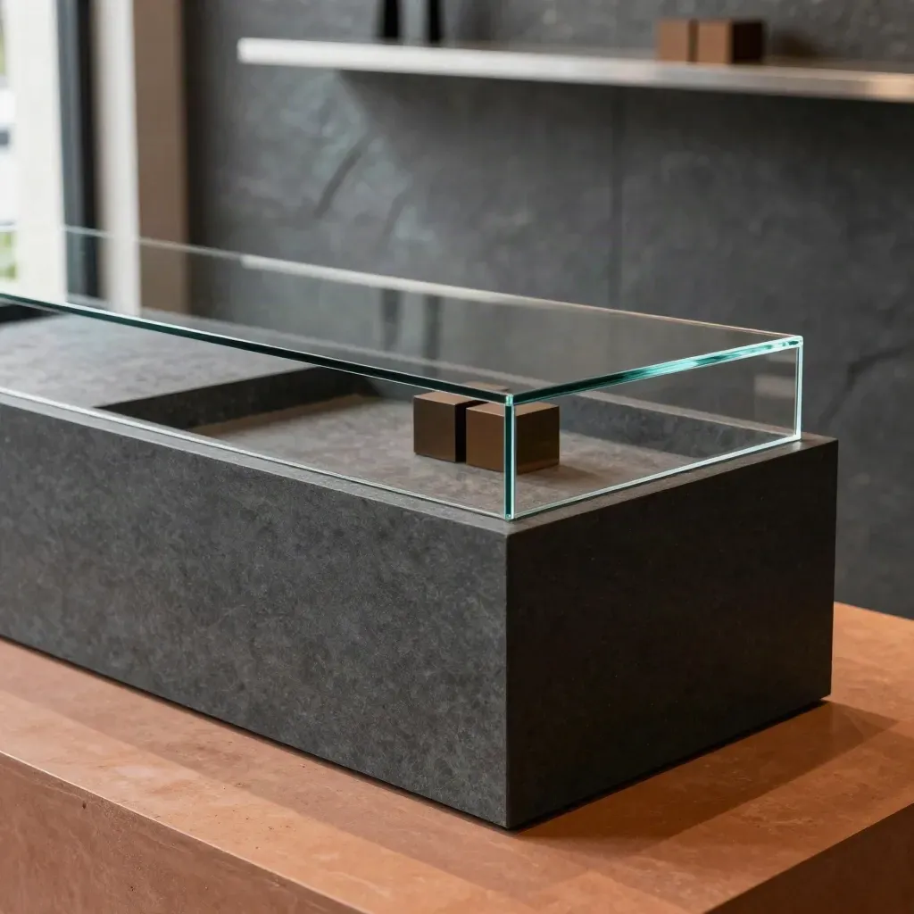 Charcoal display till counter with glass riser and note tray on a terracotta showroom plinth.