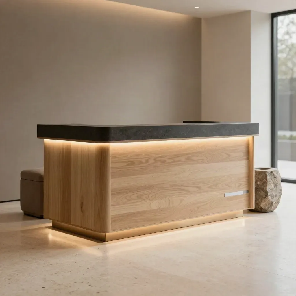 LED reception desk in pale oak with a glowing base, stool, and stone planter.