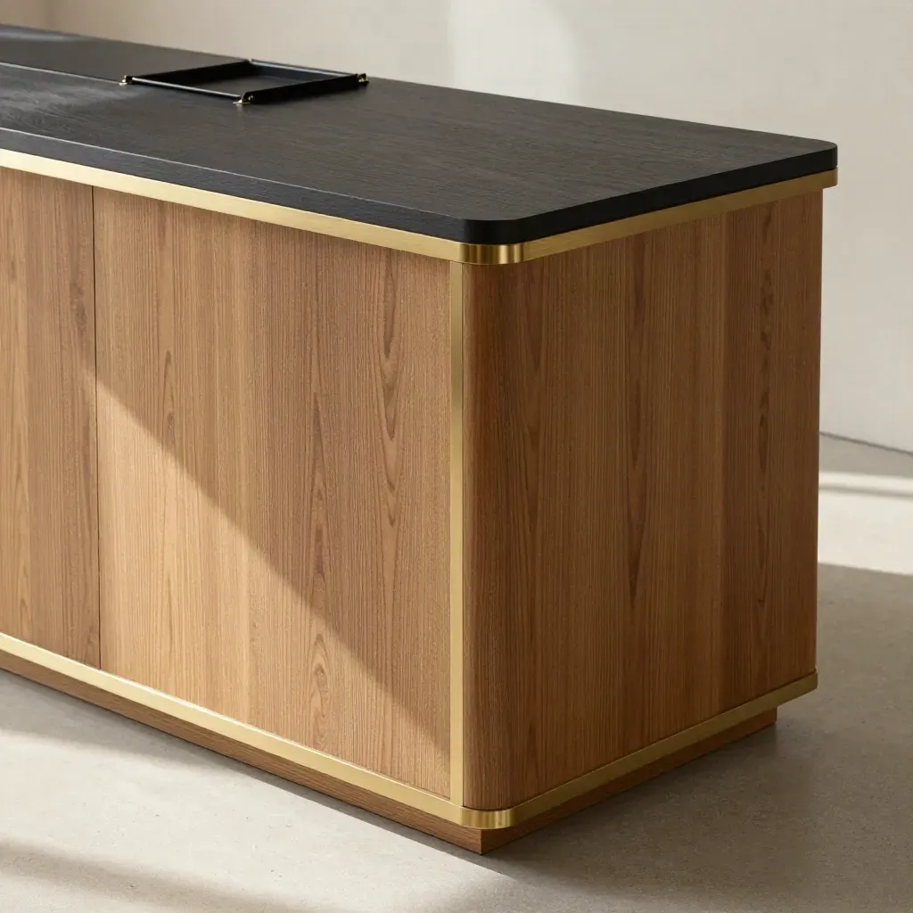 Charcoal and oak corner till counter with brass trim, tray and display block on concrete.